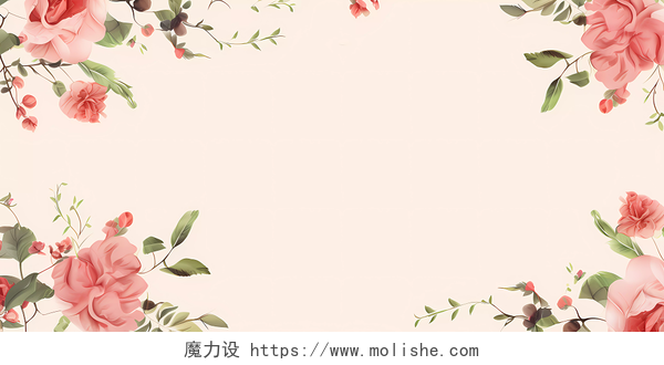 粉色清新水墨水彩植物花卉叶子花朵边框背景女神节妇女节背景  